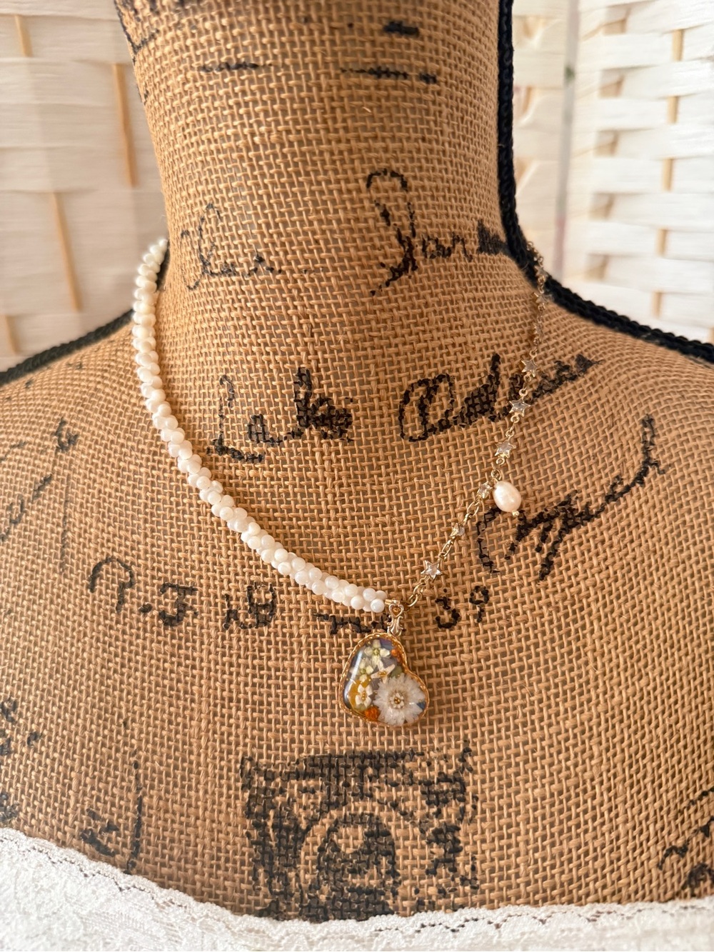 Heart Pendant Necklace W/Pressed Flowers